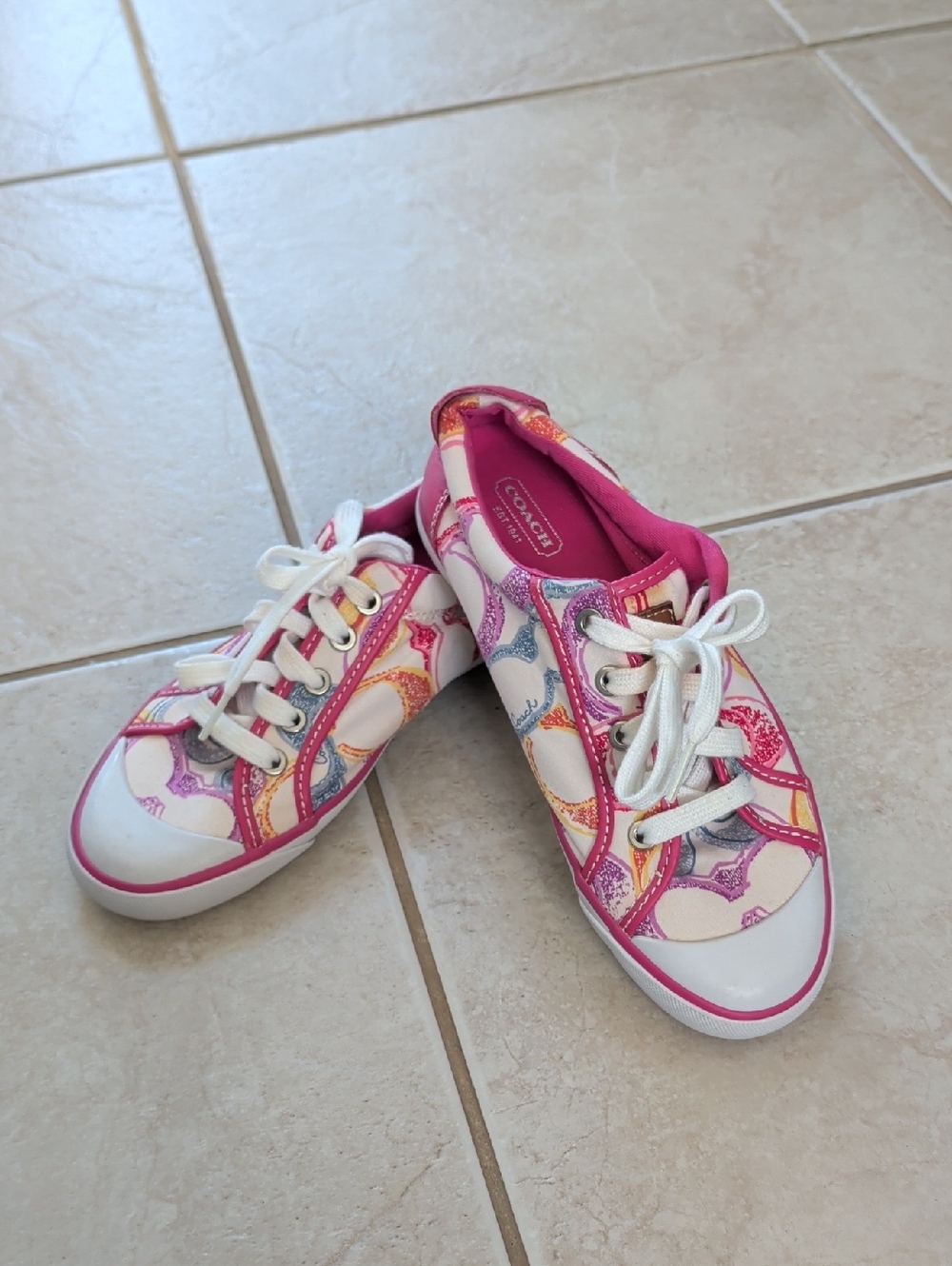 Coach Pink Multicolor Signature Lace-Up Sneakers Barrett Poppy Size 7 Women's